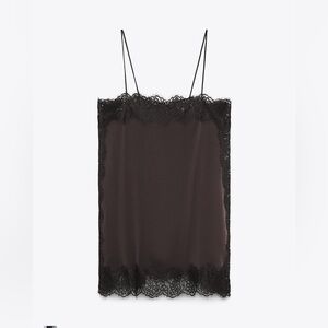 Zara SATIN EFFECT LACE TOP dark brown
